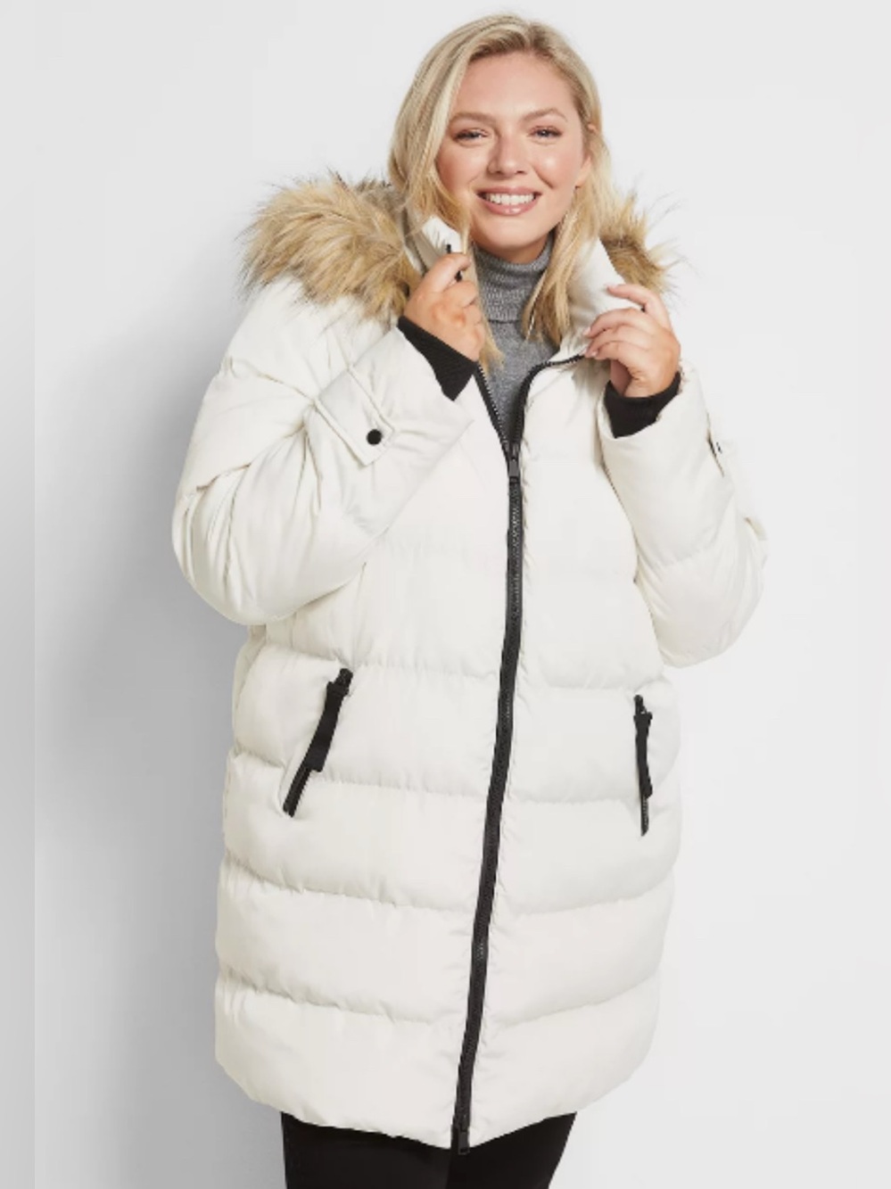 Lane Bryant White Puffer with Heavy Fill & Faux Fur Removable Hood Size 14/16
